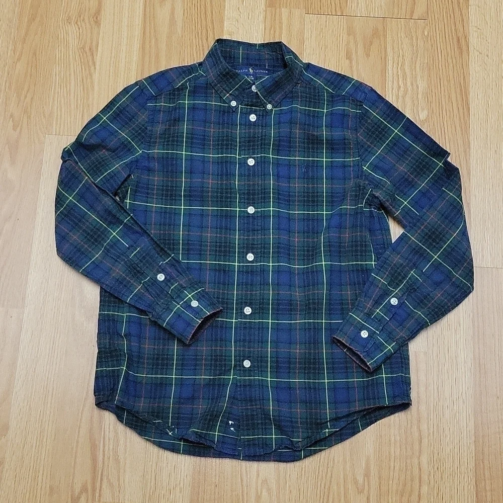 Ralph Lauren Navy snd Green plaid long sleeve Poppin shirt Large (14-16)